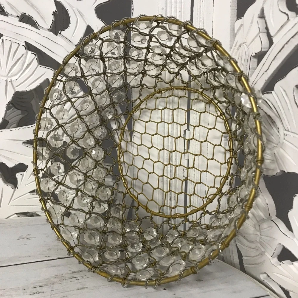 Rustic Vintage Wire Beaded Basket with Crystal Accents, Gold-Tone Tabletop Decor